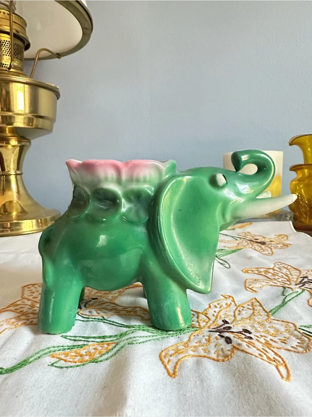 Vintage Green Ceramic Elephant Planter Vase Trunk Up Pink White 6”